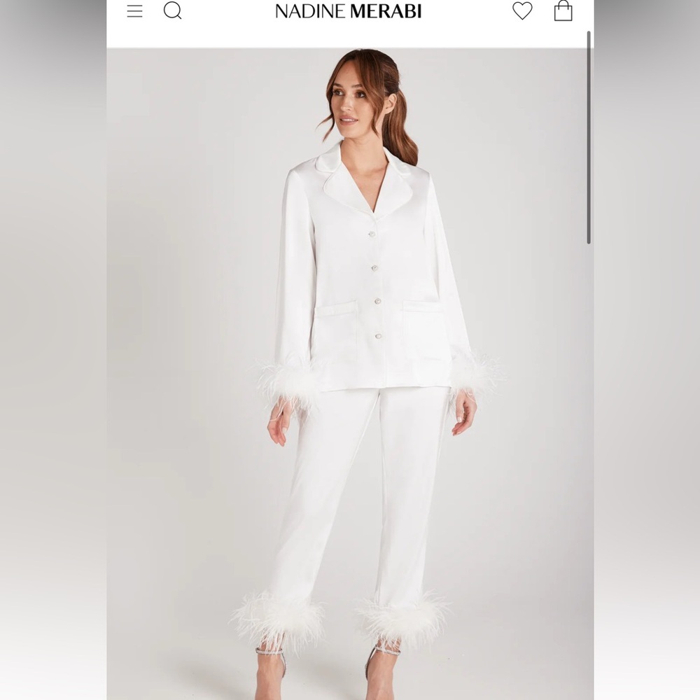 NADINE MERABI. White Silk Feather Trim Pajama Set - Great for brides!